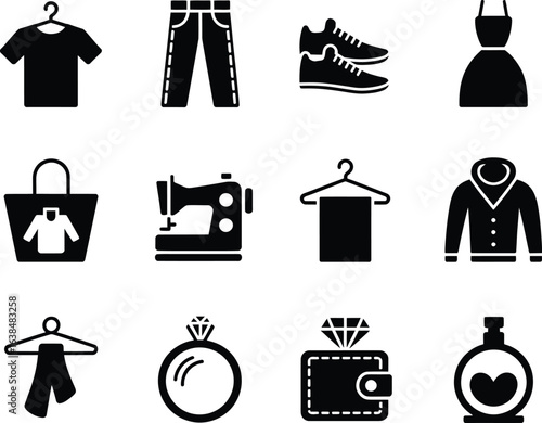 Collection of fashion and clothing icons in black and white silhouette style