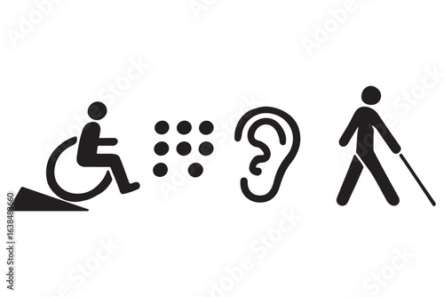 Disability icons wheelchair access ramp, braille dots, hearing loss, and blind walking with cane