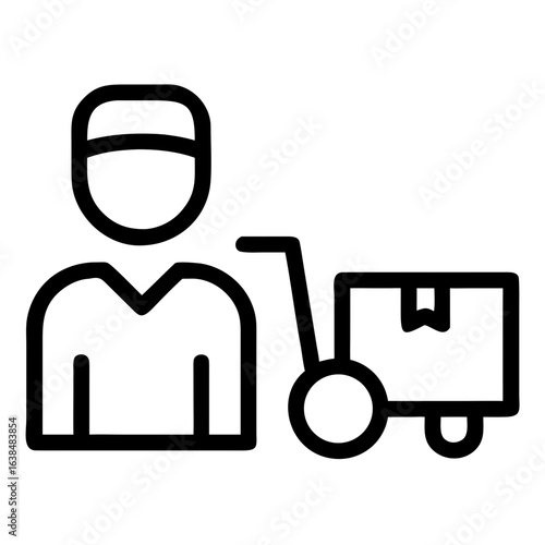 Delivery person standing next to hand truck with a package  