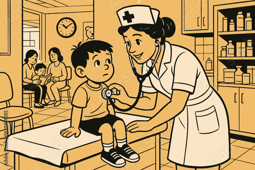 nurse checking a childs heartbeat in a doctors office with family in the background healthcare illustration
