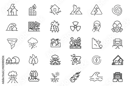 Natural disasters, pollution, related to evacuation, Apocalypse. Natural disaster icon, vector set.  Vector pictograms of natural and environmental calamities, wildfire, earthquake,  illustration.
