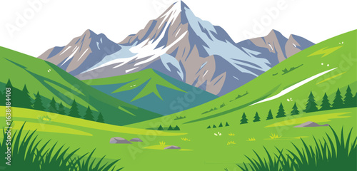 Mountain landscape with alpine peaks green meadows and cloudy summer sky panorama