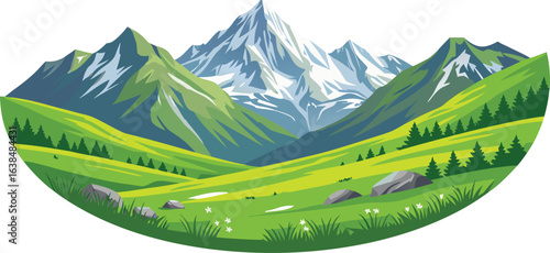Green mountain landscape with grassy hills and forest under summer sky panorama