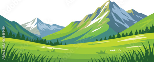 mountain landscape with grassy hills and forest under summer sky panorama