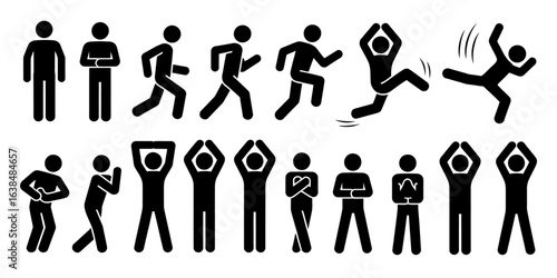 Stick figure exercise poses and animated actions showcase dynamic physical movements illustration
