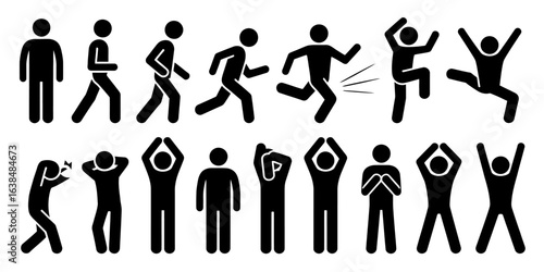 Stick figure exercise poses and animated actions showcase dynamic physical movements illustration