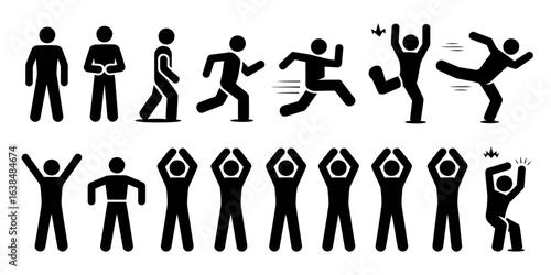 Stick figure exercise poses and animated actions showcase dynamic physical movements illustration