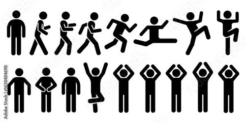 Stick figure exercise poses and animated actions showcase dynamic physical movements illustration