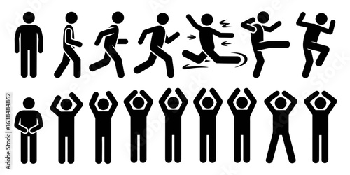 Minimalist stick figure icons showcasing various human activities and expressive body movements art