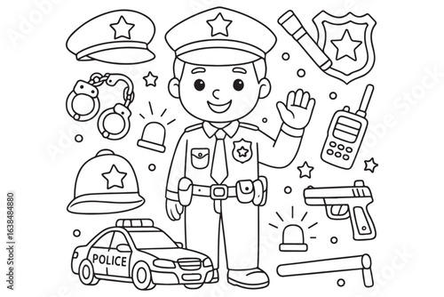 Cartoon police officer with accessories coloring page for kids