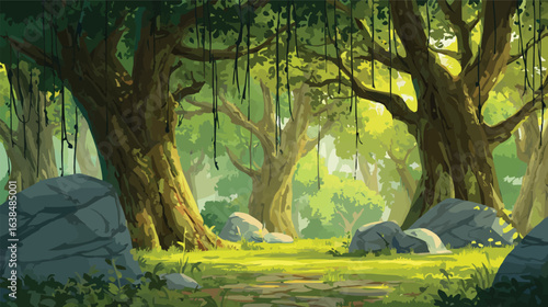 Enchanted forest clearing with mossy rocks and dappled sunlight