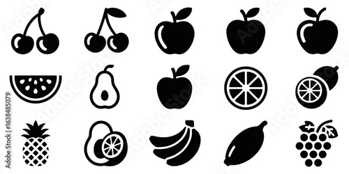set of black silhouettes of fruit