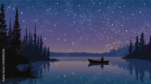 Lone person in a small boat under a vast starry night sky