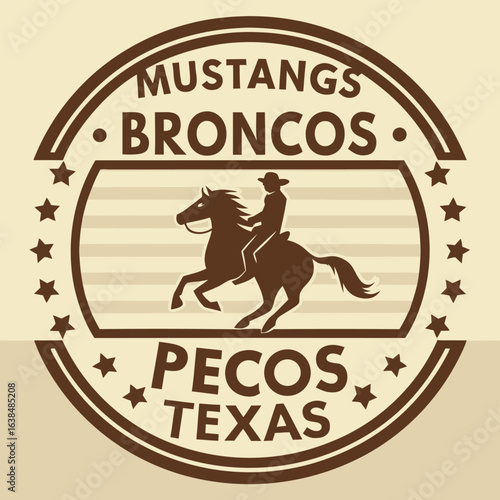 Vintage Pecos, Texas features a horse rider with the words Mustangs and Broncos