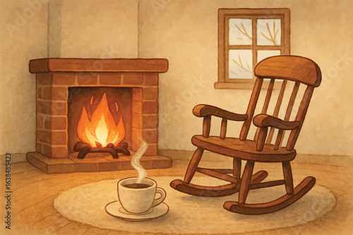 cozy fireplace with rocking chair and coffee cup, perfect for winter relaxation   peaceful indoor scene with warm tones