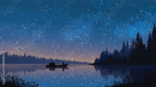 Lone figure in a rowboat under a starry night sky