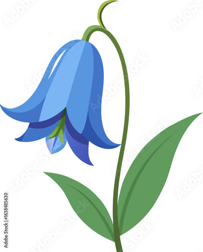 Stylized blue bellflower with green leaves on black background