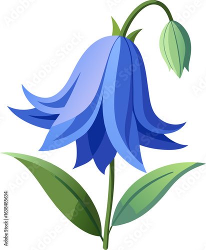 Stylized blue bellflower with a bud and green leaves