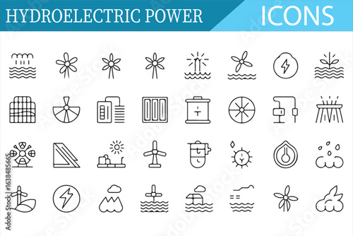 Simple Line Art Icons of Hydroelectric Power, Water, and Turbines