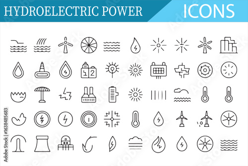 Icon Set Depicting Hydroelectric Power Generation and Energy Systems