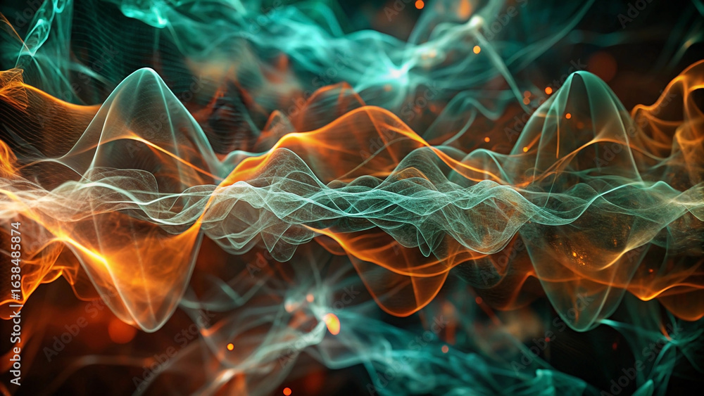 Obraz premium Abstract swirling waves of orange and teal, glowing on a dark background