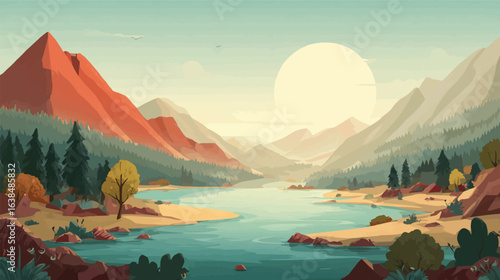 Serene mountain lake landscape with warm sunset and evergreen trees