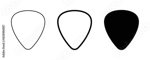 Guitar pick icons in outline, bold outline, and solid black variations, representing musical accessory, instrument tool, and plectrum design on a white background.