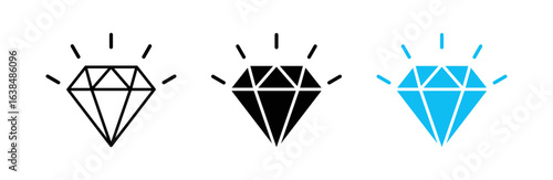 Diamond icons in outline, solid, and sparkling variations, representing gemstone, luxury, wealth, jewelry, and precious stone concepts on a white background.