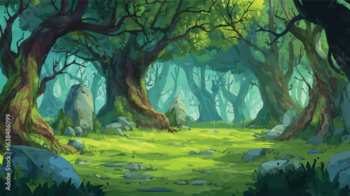 Enchanted forest clearing with ancient trees and mossy ground