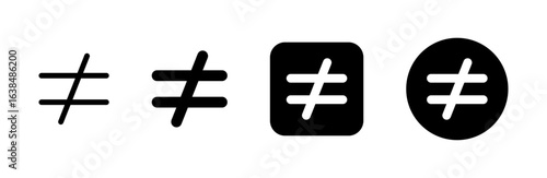 Not equal sign icons in outline, solid, rounded square, and circle variations, representing mathematical inequality, comparison, and logic concepts.