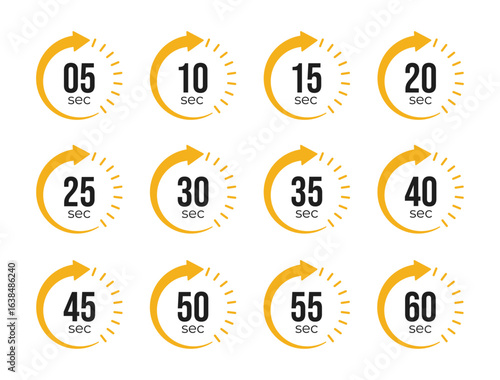 Countdown timer icons from 5 to 60 seconds in circular arrow design, representing stopwatch, time tracking, scheduling, deadline, and duration measurement concepts.