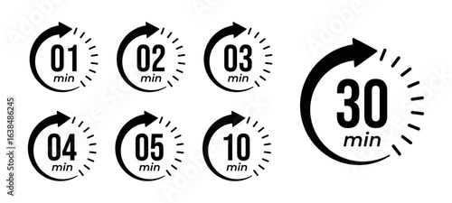 Countdown timer icons for 1, 2, 3, 4, 5, 10, and 30 minutes in circular arrow design, representing stopwatch, cooking time, time tracking, scheduling, deadline, and duration measurement.