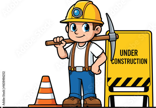 Cartoon construction worker, pickaxe pose, hard hat character, under construction sign, traffic cone, vector art, flat illustration, cad drawing
