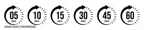 Countdown timer icons for 5, 10, 15, 30, 45, and 60 seconds in circular arrow design, representing stopwatch, quick timing, scheduling, deadline, and duration tracking.