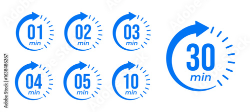 Countdown timer icons for 1, 2, 3, 4, 5, 10, and 30 minutes in circular arrow design, representing stopwatch, cooking time, time tracking, scheduling, deadline, and duration measurement.