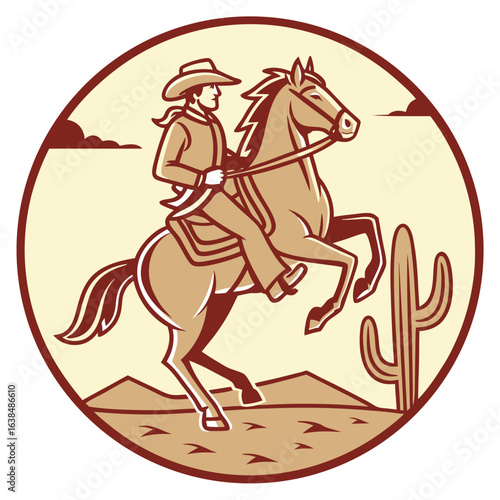 Cowboy astride a rearing horse with desert plants is enclosed in circular badge