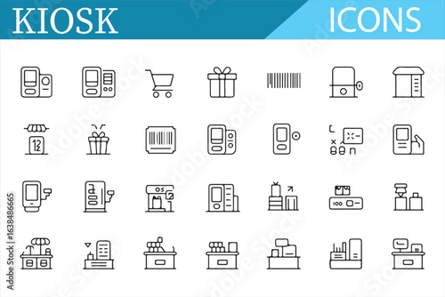 A collection of minimalist line art icons depicting kiosks, vending machines, shopping carts, barcode scanners, and other self-service devices for use in retail, technology, and shopping-related desig