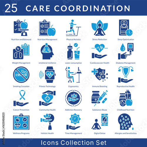 Care Coordination icon set collection in solid glyph style. an icon pack contain nutrition, physical activity, stress reduction, sleep optimization, weight management, emotional resilience
