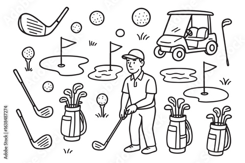 golf equipment and player doodles with clubs, flag, and cart vector design