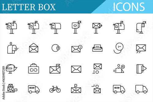 Simple Line Icons of Postal Services, Letters, and Delivery Vehicles