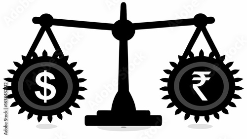 Dollar and rupee balance scales showing currency comparison in black and white illustration style design silhouette