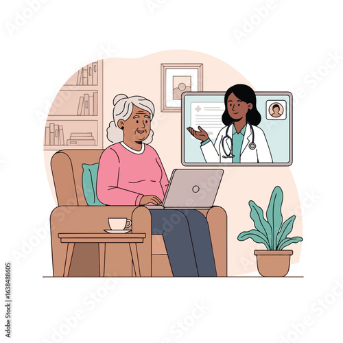 An elderly woman has an online video consultation with her doctor using a laptop at home.