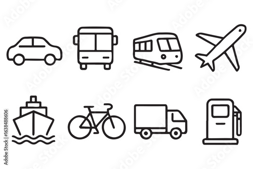 transportation icons set, car, bus, train, airplane, ship, bicycle, truck, gas station, line art illustrations