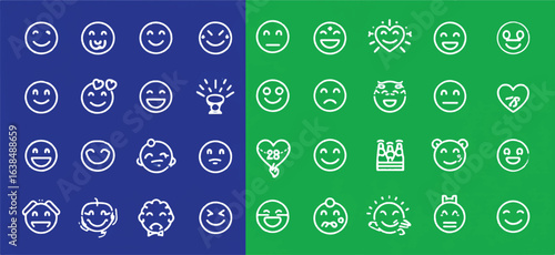 Collection of Emoji Icons on Blue and Green Background Representing Various Emotions and Expressions for Digital Communication