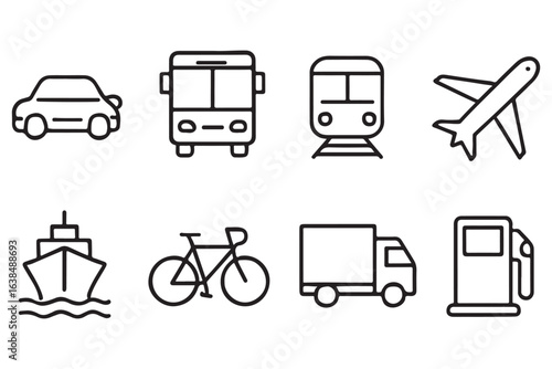 various transport symbols car, bus, train, airplane, ship, bicycle, truck, and fuel pump in simple line art style
