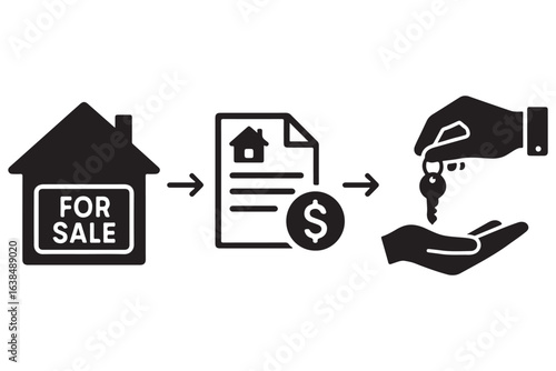 Set of black icons representing the process of selling a house, including for sale sign, contract, payment, and handing over keys