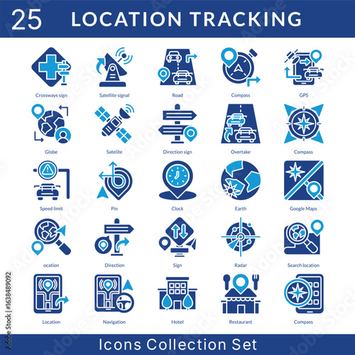 Location Tracking icon set collection in solid glyph style. an icon pack contain road, compass, gps, globe, satelite, direction sign, overtake, speed limit, pin, clock