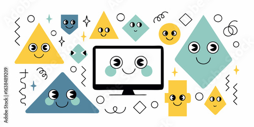 Cute kawaii geometric shapes and computer characters