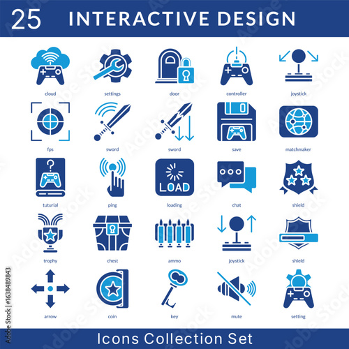 Interactive Design icon set collection in solid glyph style. an icon pack contain controller, joystick, fps, sword, save, matchmaker, tuturial, ping, loading, chat