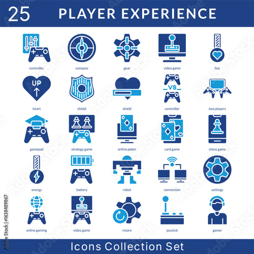 Player Experience icon set collection in solid glyph style. an icon pack contain video game, live, heart, shield, two players, gamepad, strategy game, online poker, card game